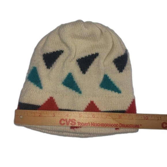Vermont Needlecrafts Vintage Winter Wool Hat Ivory with Geometric Print - Picture 3 of 10